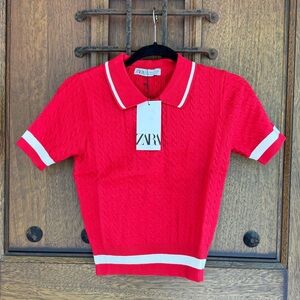 Zara Women’s Vibrant Red Polo with White Accents Size S